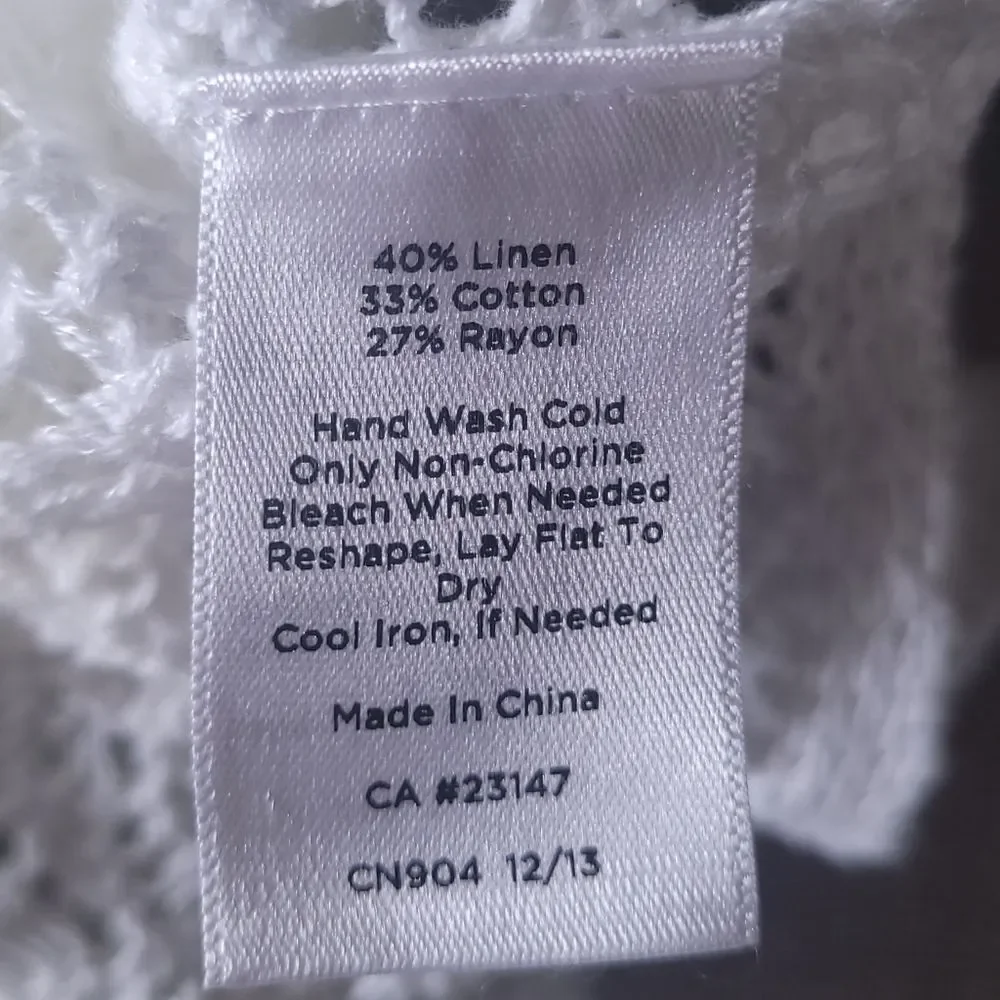 Talbots Solid White Linen Cotton V Neck Knit Sweater Top Blouse Crochet S/M